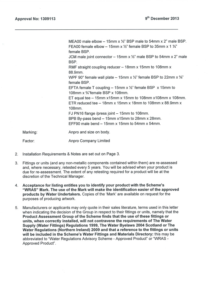 Archived ANPRO WRAS stainless steel press fittings approval page 3